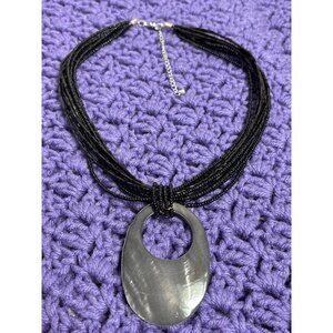 Black Glass Seed Beaded Multi Strand Necklace Oval Shell Pendant 17 - 20 inches